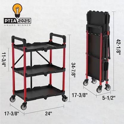 WORKPRO 3-Tier Collapsible Service Cart, Black/Red, 210 LBS Foldable Utility Cart with Wheels, Portable Rolling Tool Cart for Garage, Warehouse, Home, Restaurant and Office (No Assembly Required) - color: Black/Glossy Red