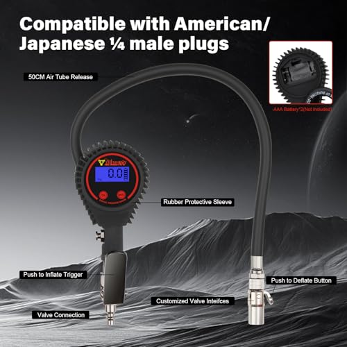 Heavy Duty Digital Tire Pressure Gauge, Air Pressure Gauge Inflator, Quick Lock Chuck, 20" Hose, 1/4" Npt, W/Extreme ± 0.1& Accuracy, 0-250 PSI