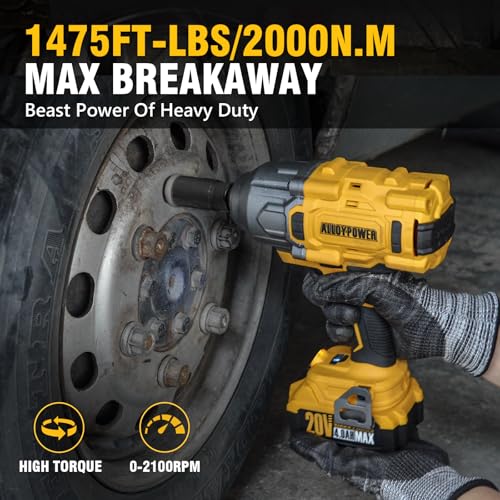 ALLOYPOWER Cordless Brushless Impact Wrench, 1475 ft-lbs (2000N.m), 1/2 High Torque power impact gun, 3-Mode Speed, 4000mAh Battery, 3 Sockets, Electric Impact Wrench Set for Car Tire Truck RV Mower - style: 1475Ft-lbs /1x Battery