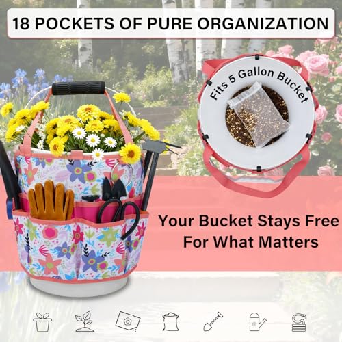 KUNN 5 Gallon Bucket Organizer 18-Pocket Bucket Tool Bag with Hangable Handle, Heavy-Duty Garden Tool Organizer Bag for Gardening Tools, Fits 3.5-5 Gal Buckets, Includes Comfort Grip Pad, Red - style: White Blossom