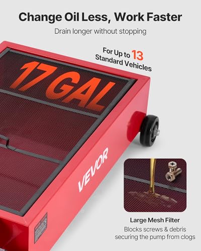 VEVOR Low Profile Oil Drain Pan, 17 Gal Capacity, Rolling Oil Drain Pan with 110V High-Flow Electric Pump, 7.2 ft Hose & T Folding Handle, Leak-Proof & Corrosion-Resistant, Fit for Trucks, ATVs, Red - size: 39.76 x 23.62 x 26.77 in