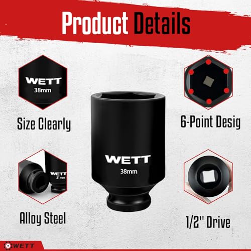 WETT 1/2" Drive Deep Large Impact Socket Set, 11-Piece Spindle Axle Nut Wheel Wrench Sockets Set, Jumbo Metric 6 Point Sockets with 3/4 to 1/2 Adapter, CR-V, (27mm-38mm) - size: 1-1/16"-1-1/2" (11pc) with Adapter