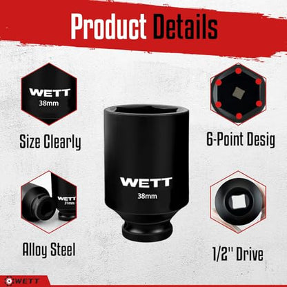 WETT 1/2" Drive Deep Large Impact Socket Set, 11-Piece Spindle Axle Nut Wheel Wrench Sockets Set, Jumbo Metric 6 Point Sockets with 3/4 to 1/2 Adapter, CR-V, (27mm-38mm) - size: 1-1/16"-1-1/2" (11pc) with Adapter