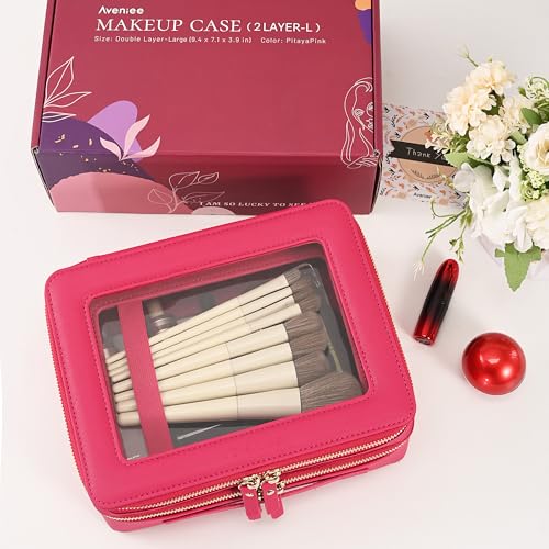 Aveniee XL Clear Makeup Organizer,Double Layer Travel Cosmetic Case with Brush Holder & Zippered Compartments,Big Toiletry Bag for Travel Accessories,2 Layers Large,Hotpink - color: PitayaPink, style: Dual Layer Large