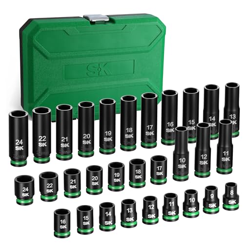 SK 1/2" Drive Impact Socket Set, 30-Piece Metric Sockets, CR-MO Steel | Deep 10mm to 24mm, Shallow 8mm to 24mm, SureGrip 6 Point Design, With Storage Case - size: 1/2"