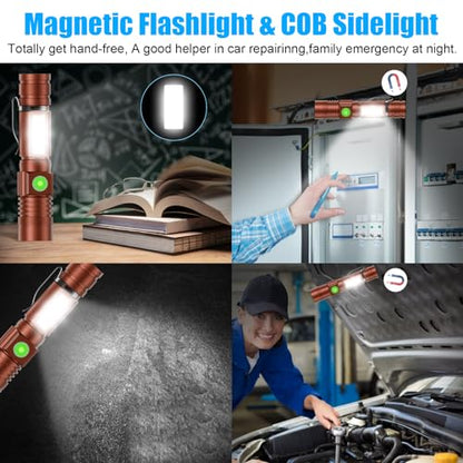 Hoxida Flashlight USB Rechargeable, Magnetic LED Flashlight, Super Bright LED Tactical Flashlight with Cob Sidelight, Waterproof, Zoomable Best Small LED Flashlight for Camping, Emergency - Brwon - color: Brown