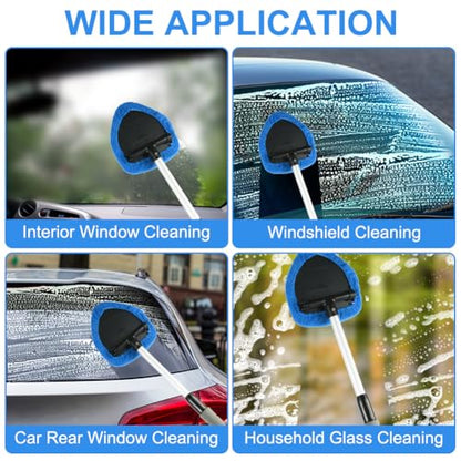 6 Pcs Windshield Cleaning Tool, Car Window Cleaner Kit with 5 Reusable Microfiber Pads, 1 Spray Bottles, Extendable Long Handle, Auto Inside Glass Wiper Kit for Vehicles(Blue)