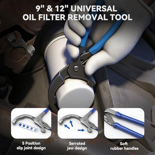 DISEN Oil Filter Wrench Set, 8PCS Oil Filter Swivel Wrench Set 2-3/4" to 5-1/4", 9" & 12" Adjustable Oil Filter Pliers,Universal 3-Jaw Removal Tool with 1/2" to 3/8" Adapter, Organized in Storage Case