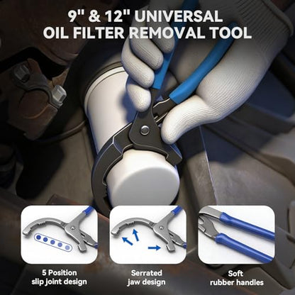 DISEN Oil Filter Wrench Set, 8PCS Oil Filter Swivel Wrench Set 2-3/4" to 5-1/4", 9" & 12" Adjustable Oil Filter Pliers,Universal 3-Jaw Removal Tool with 1/2" to 3/8" Adapter, Organized in Storage Case
