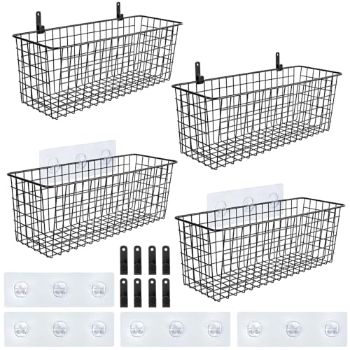 4 Set [EXTRA LARGE] Hanging Wall Mount Storage Baskets with Adhesive Hooks & Steel Hooks, Multiuse Sturdy Wire Metal Organizing Baskets for Home Kitchen Bathroom Pantry Utility Organizer, Black - size: Extra Large