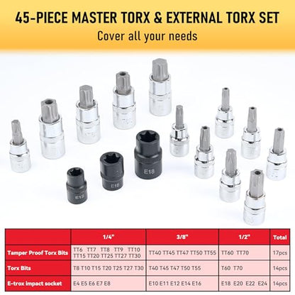 107-Piece Master Torx & Allen Bit Socket Set, S2 Steel, 1/4" 3/8" 1/2" Drive, Long Torx, Ball End Hex, Tamper-Resistant Star, E-Star Sockets, SAE & Metric (Chrome-Polished Set)