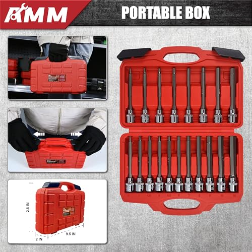 AMM 3/8 Inch Drive Extra Long allen hex bit socket set,19-Piece Standard SAE & Metric Allen socket set, S2 Alloy steel, Automobile repair tools