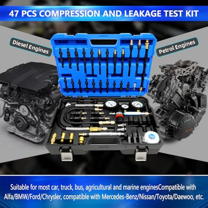 47PCS Compression and Leakage Test Kit Petrol & Diesel Compression Tester | Automotive Cylinder Leak Down Tester with Dual Gauge Engine Compression Tester Kit for HDI, TDCi, Pumpe Duse Engine