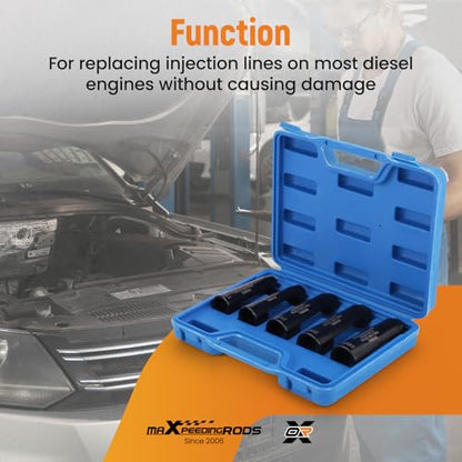 maXpeedingrods 5Pcs 12090 Fuel Line Socket Set, 3/8" Drive Ratchet Fuel Injection Flare Nut Socket 17mm 19mm 21mm 22mm 24mm, for Audi VW BMW Ford Cummins Engines