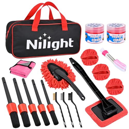 Nilight 15PCS Car Detailing Kit Auto Cleaning Tools Wash Set with Storage Carry Bag Beginners Easy to Use for Interior Exterior Car Care Clean Windshield Dashboard Seat Air Vents Wheels Tires, Red - color: 15PCS Set, Red