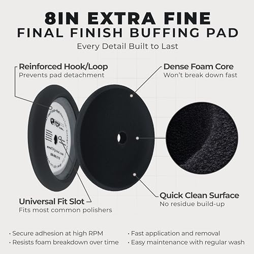 TCP Global 8" Black Foam Buffing Pad Extra Fine Finishing Polish Hook and Loop Backing - Buffing Pad for Automotive, Marine, Truck, RV & Compound Cutting - color: Black