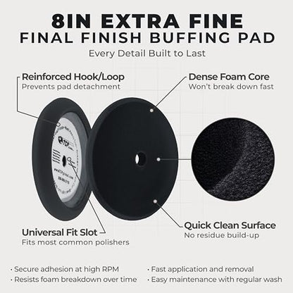 TCP Global 8" Black Foam Buffing Pad Extra Fine Finishing Polish Hook and Loop Backing - Buffing Pad for Automotive, Marine, Truck, RV & Compound Cutting - color: Black