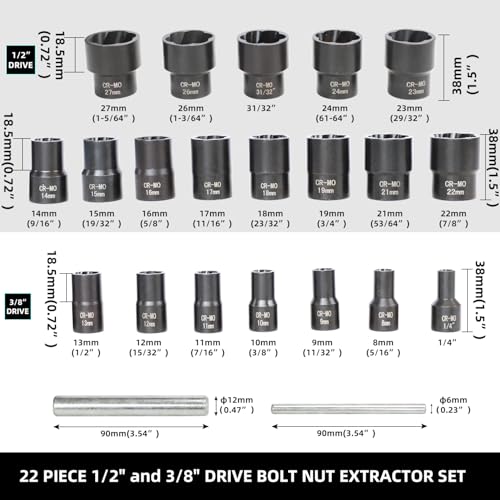 DPTOOL 22 Piece Bolt Nut Extractor Set 1/2" 3/8" Dr Lug Nut Extractor Set | Impact Lug Nut Remover Socket Tool, Wheel Lock Removal Kit for Extracting Damaged, Stripped Frozen Nut Screw Twist Socket Set - size: 22PC