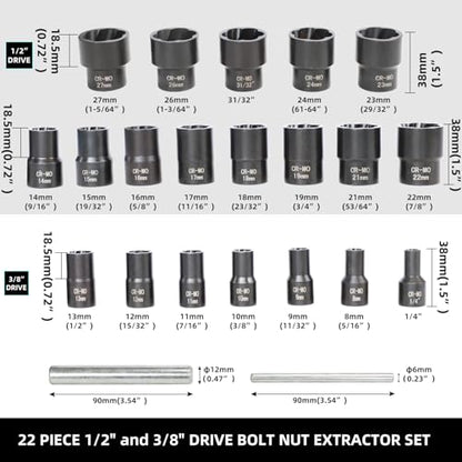 DPTOOL 22 Piece Bolt Nut Extractor Set 1/2" 3/8" Dr Lug Nut Extractor Set | Impact Lug Nut Remover Socket Tool, Wheel Lock Removal Kit for Extracting Damaged, Stripped Frozen Nut Screw Twist Socket Set - size: 22PC