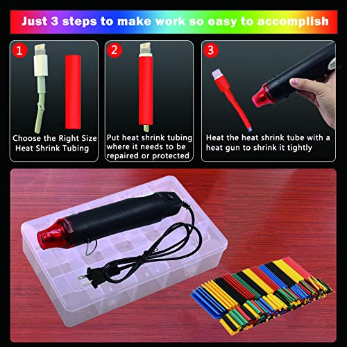 Heat Shrink Tubing Kit + Mini Heat Gun for Shrink Tubing - 328pcs 2:1 Wire Shrink Wrap Tubing + 300W Heat Shrink Gun with Storage Box - for Shrink Wraping,Wire and Cable Repair,Insulation Protector
