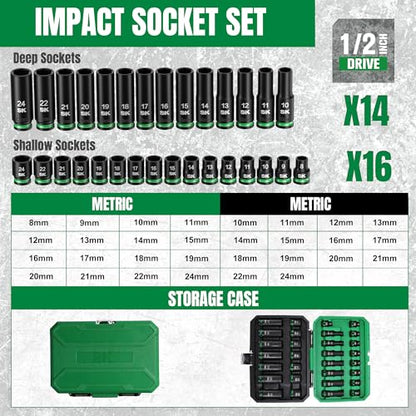 SK 1/2" Drive Impact Socket Set, 30-Piece Metric Sockets, CR-MO Steel | Deep 10mm to 24mm, Shallow 8mm to 24mm, SureGrip 6 Point Design, With Storage Case - size: 1/2"