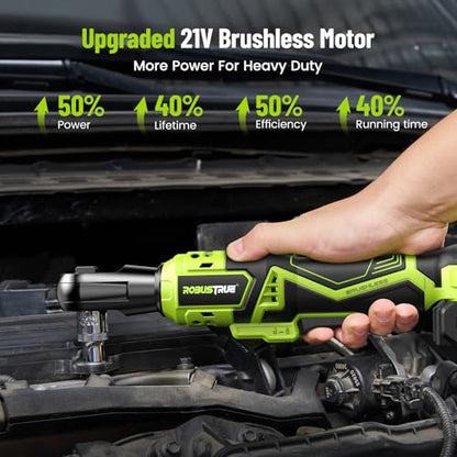 Robustrue 1/2" Electric Ratchet Wrench: 66Ft-lbs/400 RPM Variable Speed Cordless Power Ratchet Kit with 2x2000mAh Li-Ion Batteries, 8 Sockets, 1/4" and 3/8" Adapters, 3" Extension Bar for Auto Repair | 400 RPM brushless motor, 8 sockets, 1/4 and 3/8 adapt
