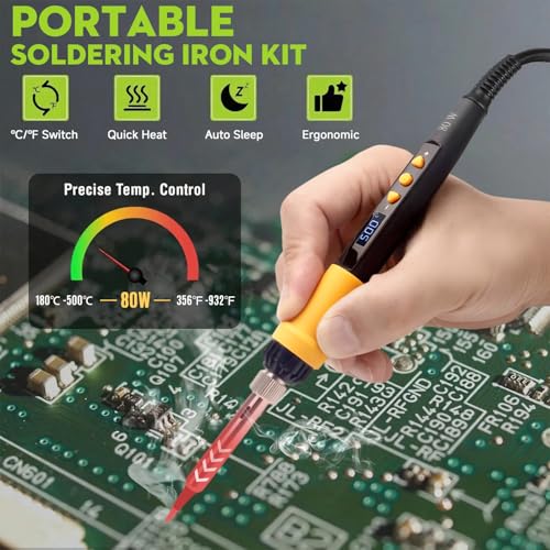 LDK 80W Soldering Iron Kit, 110V Digital Soldering Iron with 5 Solder Tips, Solder Wire, Adjustable Temperature Solder Welding Tools, Fast Heating, Electrical Repair - color: Yellow
