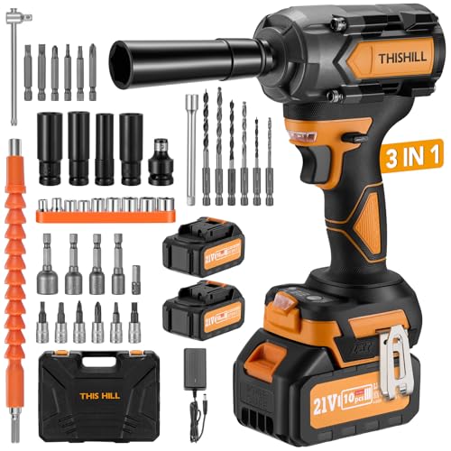 This Hill 45PCS Cordless Impact Wrench,600Nm(443Ft-lbs),1/2 Inch Brushless lmpact Driver Set,w/Two 4.0Ah Battery,17 Sockets,High Torque Power Impact Gun for Car Home