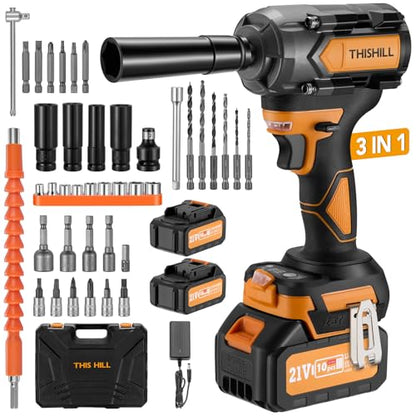 This Hill 45PCS Cordless Impact Wrench,600Nm(443Ft-lbs),1/2 Inch Brushless lmpact Driver Set,w/Two 4.0Ah Battery,17 Sockets,High Torque Power Impact Gun for Car Home