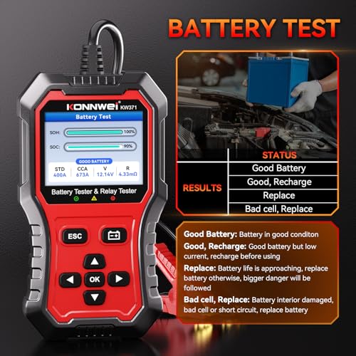 KONNWEI KW371 Battery Tester & Relay Tester | Tests 6V/12V/24V car batteries (AGM/GEL/EFB/Lithium) & 4/5-pin automotive relays. Checks CCA, charging & starting system. - size: 8.27*6*2.36 inch