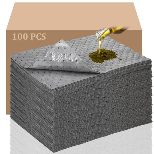 Adhesive-Backed Oil Absorbent Pads, 100 Pack 10 x 13 Inch Leak-Proof Oil Spill Mats with PVC Backing, Non-Slip Disposable Garage Drip Pads for Change, Workbench, Floor & Kitchen Grease Cleanup