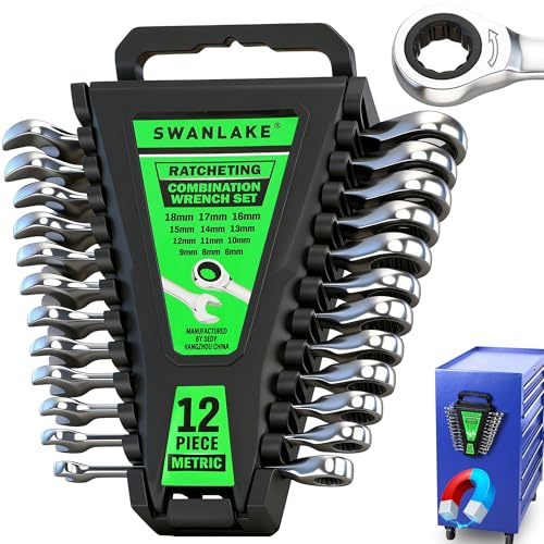 12-Piece Ratchet Wrench Set, Metric 6-18mm Ratchet Combination Wrenches Set, 12-Point 72-Tooth Ratcheting Spanners with Magnetic Base Organizer, Chrome Vanadium Steel for Automotive Mechanic Tool - style: Ratchet Metric