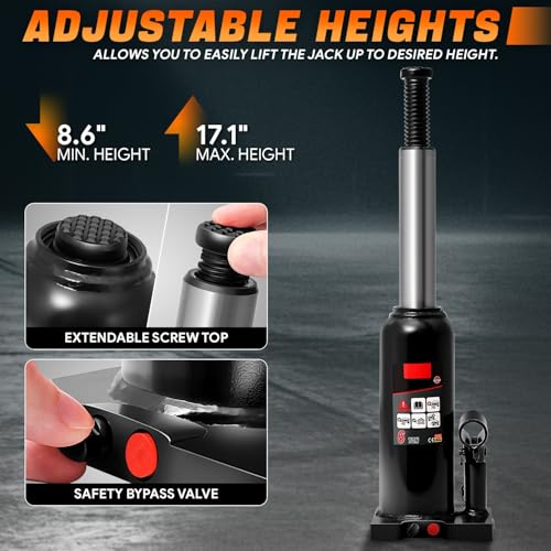 6-Ton Automotive Welded Hydraulic Bottle Jack for Vehicle Repairs, Pickups, & Trucks, Featuring a Manual Handle - 13228 lbs Capacity CAAP-TOLS-BJK-6T-BK