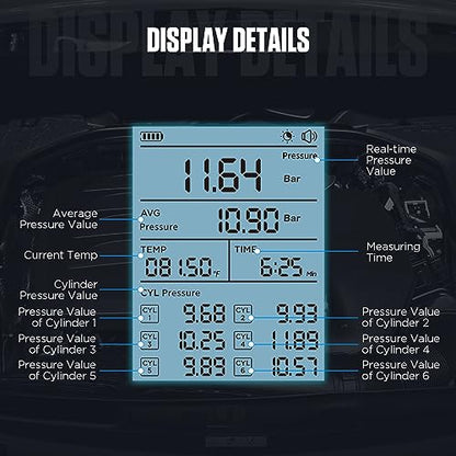 AUTOOL Digital Compression Tester Automotive Compression Gauge 0-426PSI 0~29bar for Petrol Engine Cylinder Compression Test Kit with Adapters & Hoses, 6 Data Saving, Backlit Screen