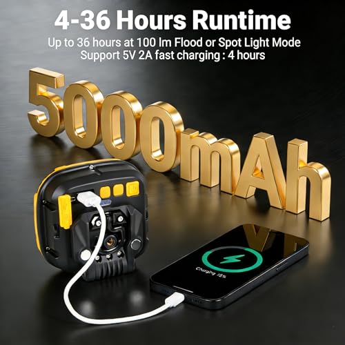 2 Pack Magnetic Work Light Rechargeable 5000Lumens, LED Flood Light with 4 Brightness & 4 Color, 36 Hours Runtime, USB-A Output & Waterproof for Car Repair, Construction, Emergency, Garage, Hurricane