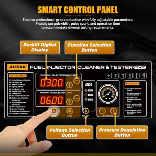 AUTOOL CT450 Fuel Injector Tester & Cleaner, 6-Cylinder Ultrasonic Injector Cleaning Machine with Heating, GDI EFI FSI Compatible, 3 Cleaning Modes & 10 Test Functions, 12V/70V/120V Output