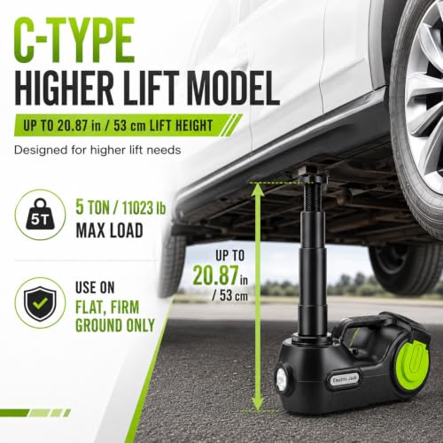 Electric Car Jack Kit 5 Ton 12V with Wrench and Tire Inflator (Black Green) | C model, 20.87 in lift, hydraulic jack, impact wrench, tire inflator, LED light, hard case