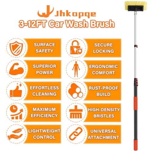 12FT Car Wash Brush with Extension Pole - Telescoping Long Handle Cleaning Tool with Non-Scratch Soft Bristles - Heavy Duty Aluminum Pole for RV, Truck, Boat, Solar Panels & High Windows
