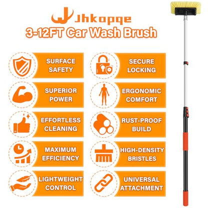 12FT Car Wash Brush with Extension Pole - Telescoping Long Handle Cleaning Tool with Non-Scratch Soft Bristles - Heavy Duty Aluminum Pole for RV, Truck, Boat, Solar Panels & High Windows