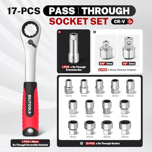 BILITOOLS 17PCS 3/8" & 1/2 Pass Through Socket Set, 2-In-1 Conversion | for Standard Ratchet/Pass-Through Ratchet, Pass Thru, Go Through, Mechanics Tools Set for Hex, Square, E-Torx, Spline - style: 17-Piece Pass Through Socket Set