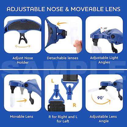 YOCTOSUN Magnifying Glasses with Light, Hands Free Headband Magnifier with 4 LED Lights and 5 Detachable Lenses 1X to 3.5X,Rechargeable Head Magnifier Glasses for Crafts, Hobby, Close Work - color: Deep Blue