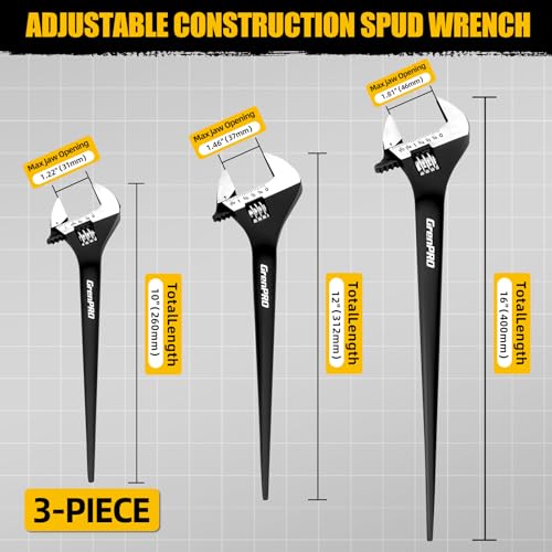 GRENPRO 4-Piece Adjustable Spud Wrench Set with Gloves, 10" 12" 16" Large Crescent Plumbers Wrenches sets for Crowbar Pipe Fitting Pipefitter Construction Tools, SAE/Metric Scales, CR-V, Black Oxide