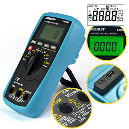 allsun EM133A Auto Multimeter AC/DC Volt Ohm Amp Tester Tool | RPM, Dwell, Pulse Width, Temp, Capacitance, Continuity, Frequency. Diagnostic for car repair, workshop, DIY maintenance