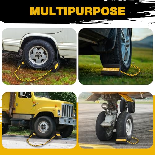 SHALL Wheel Chocks, Heavy Duty Rubber Wheel Chocks with 3 Reflective Strips, Solid Block Stopper for RV Trailer Camper Truck Car Aircraft, 2 Pair/4 Pack with Rope, Yellow