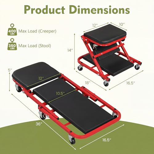 IRONMAX Folding Mechanic Z-Creeper, 2-in-1 Automotive Creeper & Stool, 36" Rolling Garage Tool with Padded Seat & 6 Swivel Casters, 400 LBS Capacity, Lay Down Sit for Under Car Repair (Red, 36-inch)