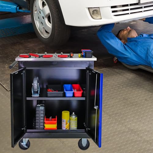1 Cabinet Heavy Duty Rolling Tool Chest, Lockable Mobile Metal Tool Cart with Stainless Steel Worktop, Garage Tool Storage Cabinet for Workshop Auto Repair, Black & Blue, 30.7" H × 25.9" W - size: 1 Cabinet