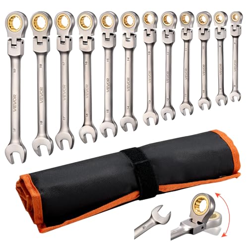 VEVOR Flex-Head Ratcheting Wrench Set, 12-Piece Metric 8 mm to 19 mm, 72 Teeth, Cr-V Steel Ratchet Flexible Combination Wrench Set with Roll Up Pouch, for General Household and Automotive Repairs - color: Nickel Plating 12pcs, size: Metric