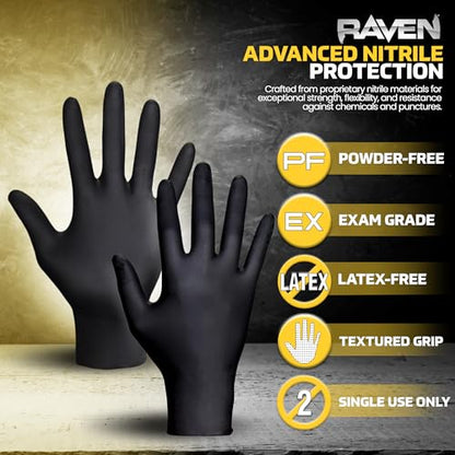 Raven Powder Free Nitrile Disposable Gloves | 7 Mil | Latex Free, Chemical + Puncture Resistant, Single Use | - size: X-Large, style: Nitrile Disposable
