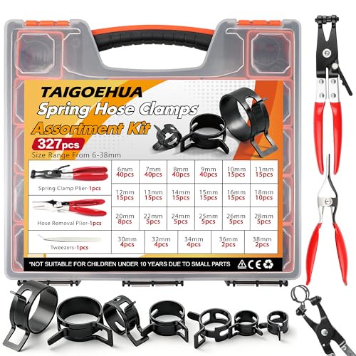 327-Pcs 65Mn Spring Clamps Kit (23 Sizes, 6-38mm) with Swivel Jaw Pliers,Hose Removal Pliers & Tweezers - Constant Tension Fit For Fuel, Coolant, Vacuum & Silicone Hose（Black） - size: 23 sizes-327 PCS