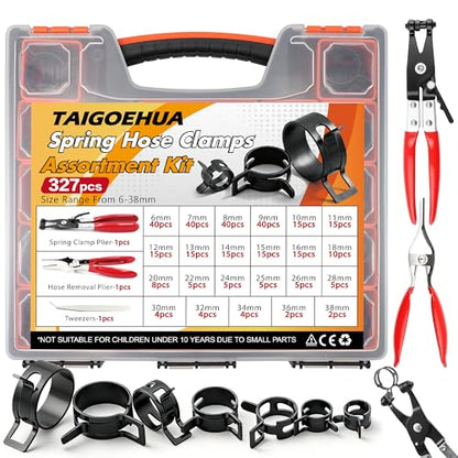 327-Pcs 65Mn Spring Clamps Kit (23 Sizes, 6-38mm) with Swivel Jaw Pliers,Hose Removal Pliers & Tweezers - Constant Tension Fit For Fuel, Coolant, Vacuum & Silicone Hose（Black） - size: 23 sizes-327 PCS